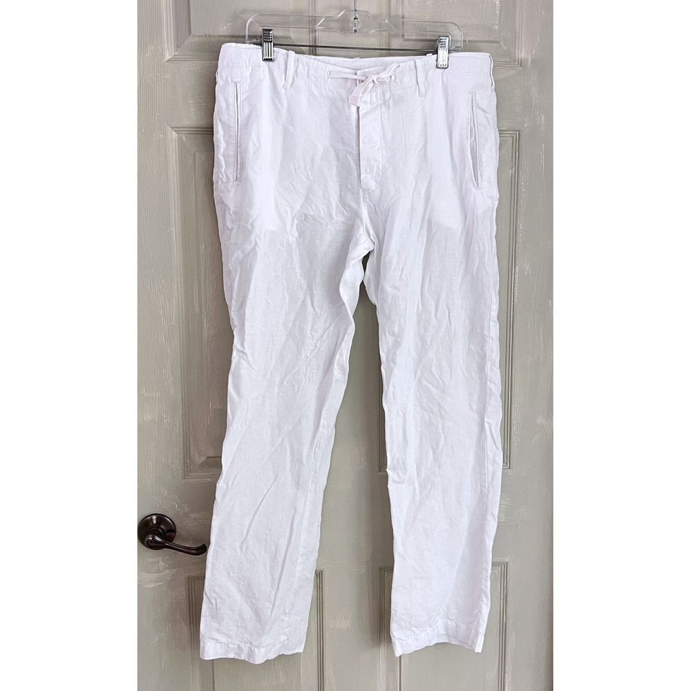 Perry Ellis Linen Pants 33 Mens Drawstring Straight Leg White Beach Coastal